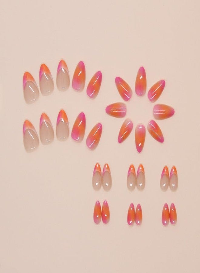 TOGZOM Almond Press On Nails Short Ombre Fake Nails Pink Orange Gradation Nails Press Ons French Acrylic False Nails With Artificial Glossy Designs Full Cover Glue On Nails For Women Girls - Image 2